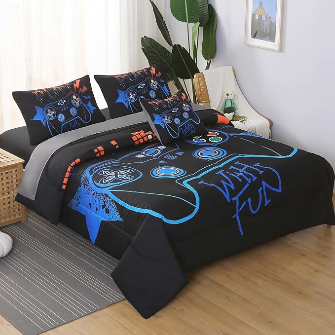 6Pcs Game Console Comforter Set with Sheets for Boys Girls Kids Teens, Geometric Gaming Themed Bed in A Bag Full Size, 3D Video Gamer Controller Bedroom Decor Bedding Set(Blue) - LeafyLoom