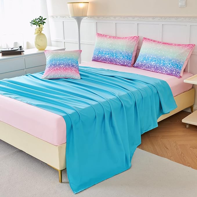 PERFEMET Girls Comforter Set with Sheets 6 Pieces Full Size Bedding Set Blue Pink Green Ombre Bed in A Bag Rainbow Tie Dye Kids Bed Sets Grandient Glitter Full Comforter Sets - LeafyLoom