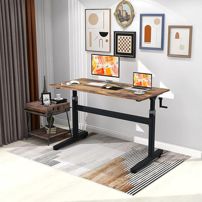 Manual Standing Desk Adjustable Height- Crank Mobile Standing Desk 55 x 24 Inches Sit Stand Desk Frame & Top, Stand Up Desk on Wheels, Computer Desk Black Frame & Rustic Brown - LeafyLoom