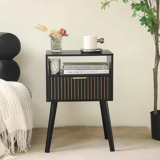 MaxSmeo Black Nightstand with Drawer, Mid Century Modern Bedside Table with Open Shelf Storage, End Table with Solid Wood Legs, Black - LeafyLoom