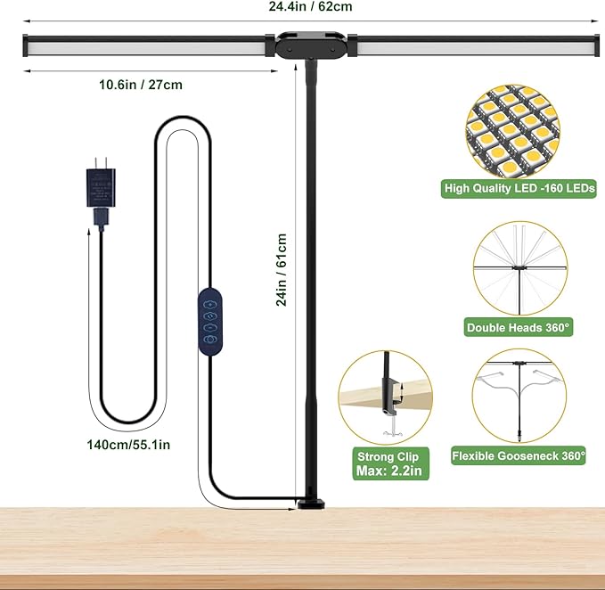 Desk Lamp for Office Home - LED Reading Light 160 LEDs with Clamp Table Lamps Eye-Caring Study Clip on Lights 3 Modes & Stepless Dimming Double Head Computer Lighting for Home, Office and Bedroom - LeafyLoom