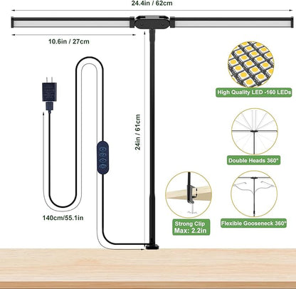 Desk Lamp for Office Home - LED Reading Light 160 LEDs with Clamp Table Lamps Eye-Caring Study Clip on Lights 3 Modes & Stepless Dimming Double Head Computer Lighting for Home, Office and Bedroom - LeafyLoom