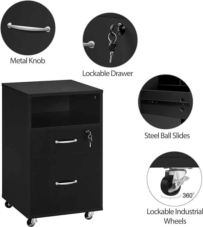 Yaheetech File Cabinet, Under Desk Vertical Cabinet with 2 Drawers and Open Compartment, Printer Stand with Lockable Wheels for A4 Letter Size Hangable File Folders for Home Office(Black) - LeafyLoom