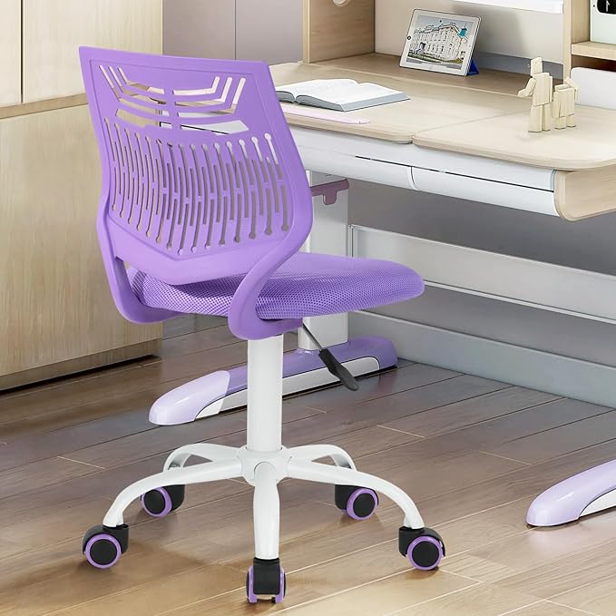 Kids Desk Chair, Armless Home Office Task Chair with Mesh Padded Cushion, Swivel Study Computer Chair with Rolling Wheels for Children Student, Purple - LeafyLoom