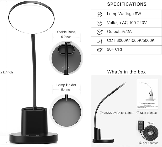 Desk Lamp, LED Desk Lamp for Home Office, Touch Table Lamp with 3 Color Modes 360° Adjustable Arm, Dimmable Desk Light with Pen Phone Holder, Black - LeafyLoom