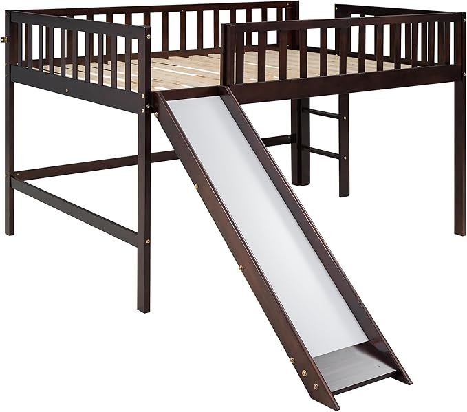 Merax Kids Wood Full Low Loft Bed with Ladder and Slide, Junior Loft Bunk Bed for Boys, Girls,No Box Spring Needed, Espresso - LeafyLoom