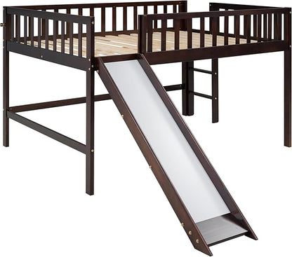 Merax Kids Wood Full Low Loft Bed with Ladder and Slide, Junior Loft Bunk Bed for Boys, Girls,No Box Spring Needed, Espresso - LeafyLoom