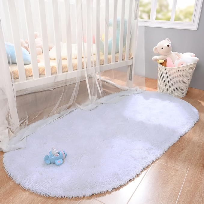 Merelax Soft Shaggy Rug for Kids Bedroom, Oval 2.6'x5.3' White Plush Fluffy Carpets for Living Room, Furry Carpet for Teen Girls Room, Anti-skid Fuzzy Comfy Rug for Nursery Decor Cute Baby Play Mat - LeafyLoom