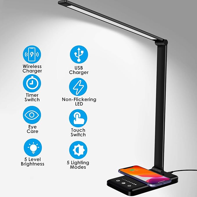 LED Desk Lamp with Wireless Charger, Dimmable Office Lamp with USB Charging Port, Eye- Caring Desk Lamps, Bright with 5 Lighting Modes, Touch Control Auto Timer - LeafyLoom