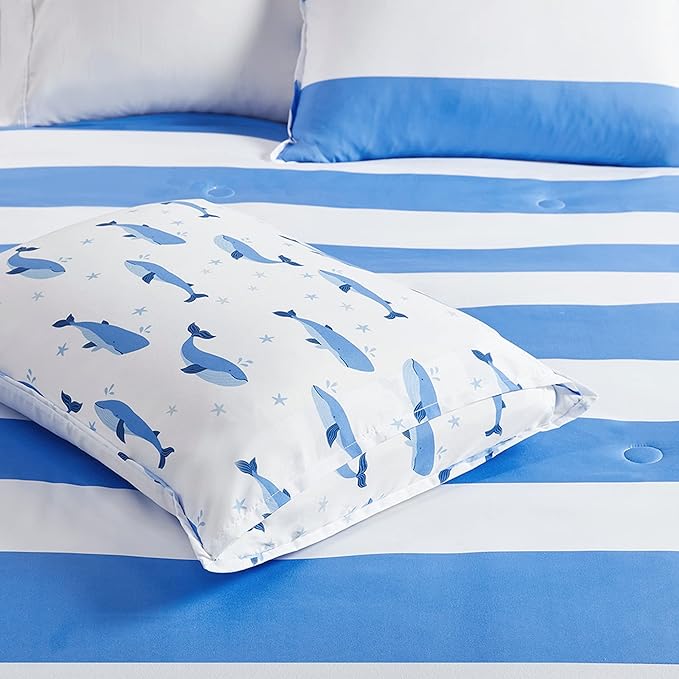 Mizone Kids Blake Reversible Dolphin Comforter Set - Adventure Animal Adorable Print with Stripe Reverse, Fun Bedroom Décor, Modern All Season Kids Bedding, Matching Sham, Full/Queen, Blue 3 Piece - LeafyLoom