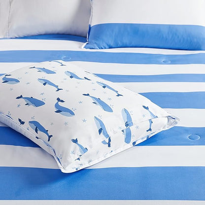 Mizone Kids Blake Reversible Dolphin Comforter Set - Adventure Animal Adorable Print with Stripe Reverse, Fun Bedroom Décor, Modern All Season Kids Bedding, Matching Sham, Blue 2 Piece, Full/Queen - LeafyLoom