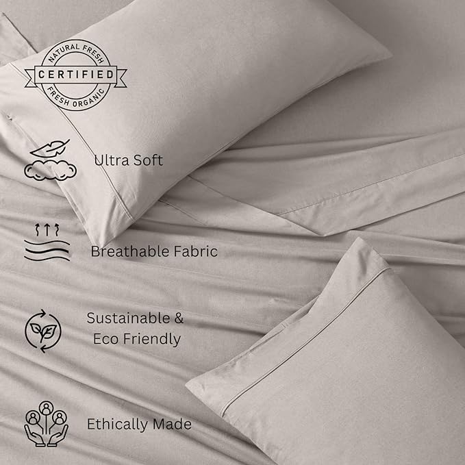 LANE LINEN 100% Organic Cotton Sheets Twin Size, 3Pc Cotton Twin Sheet Set, Hotel Luxury Sheets, Percale Bed Sheets, Cooling Sheet & Pillowcase Sets, 15" Deep Twin Mattress Fitted Sheet - Silver - LeafyLoom