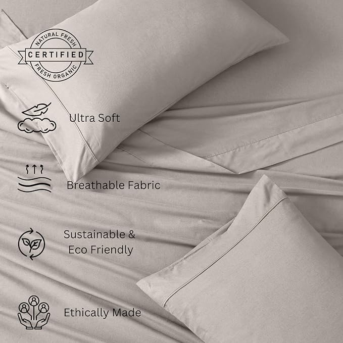 LANE LINEN 100% Organic Cotton Full Sheets Set 4-Piece Pure Percale Long Staple Soft Bedding Breathable Fits Mattress Upto 15" Deep - Silver - LeafyLoom