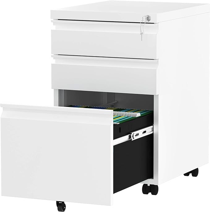 YITAHOME 3-Drawer Mobile File Cabinet with Lock, Office Storage Filing Cabinet for Legal/Letter Size, Pre-Assembled Metal File Cabinet Except Wheels Under Desk -White - LeafyLoom