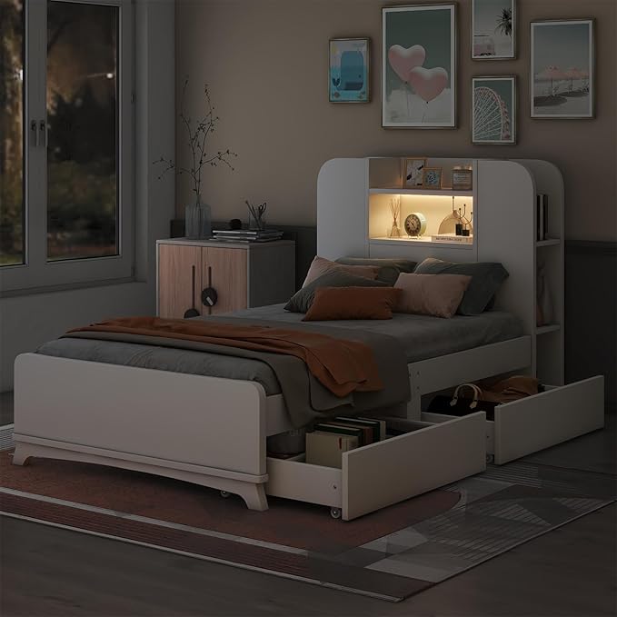 Merax Twin Bed Frame with Shelves and Storage Drawers Underneath,White Twin Size Platform Bed with Headboard and Light - LeafyLoom