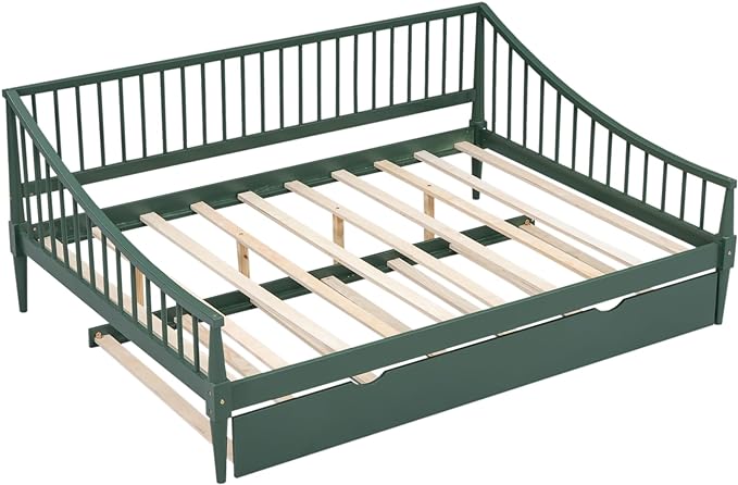 Full Size Daybed with Hideaway Trundle and Support Legs,Multi-functional Wood Bed Frame,W/Rails Three Sides,Easy to Assemble,for Bedroom,Living Room,Apartment,Green - LeafyLoom