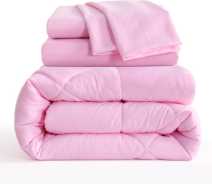 NTBAY Twin Comforter Set with Sheets, 5 Pieces Soft and Breathable Twin Bedding Set, Twin Bed in a Bag, Down Alternative Comforter Set Solid Color All Season, Kids Bedding Set, Pink - LeafyLoom