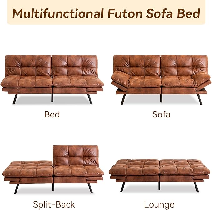 Convertible Couch Bed,Memory Foam Futon Sleeper Sofa Sofabed, Standard Brown - LeafyLoom