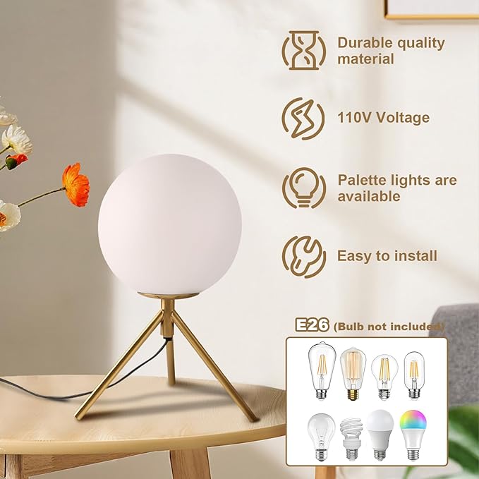 Mid century modern desk lamp with a golden base and white glass ball lampshade, suitable for 3 tone lighting in bedside bedrooms, living rooms, offices, libraries, and study rooms - LeafyLoom