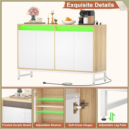 Aheaplus Sideboard Buffet Cabinet with Power Outlet, Kitchen Storage Cabinet with LED Light & Acrylic Doors, Accent Cabinet Cupboard Console Table for Dining Room, Kitchen, Hallway, Natural - LeafyLoom