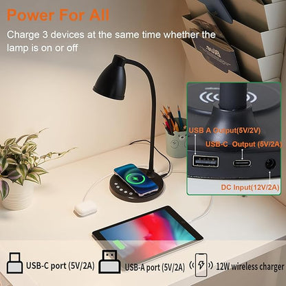 BOHON Desk Lamp for Home Office, LED Desk Light with USB C+A Charging Ports, Wireless Charger, 5 Colors Stepless Dimming Reading Light Timer, Touch Bedside Table Lamp for College Dorm Room Black - LeafyLoom