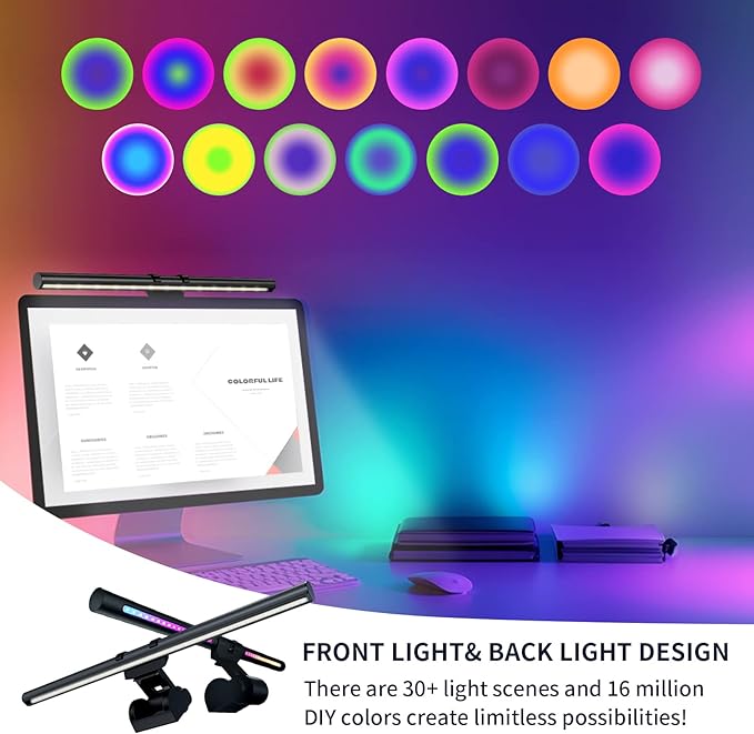 RGB Monitor Light Bar, LED Dual Light Source Adjustable Cool Mix Warm Light Color Temperature Eye Protection Anti-Glare Desk Lamp Touch Control for Home Office PC Computer Work with Alexa - LeafyLoom