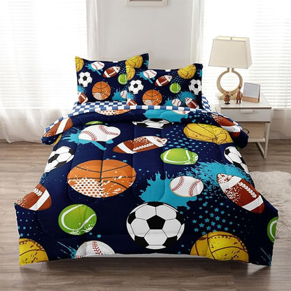 Kids Boys Comforter Set Full Bed in a Bag w/Sheet Sets, Blue Full Bedding Sets for Teens Soccer Basketball Baseball Football Sports Themed Bedroom Decor Reversible Design - LeafyLoom