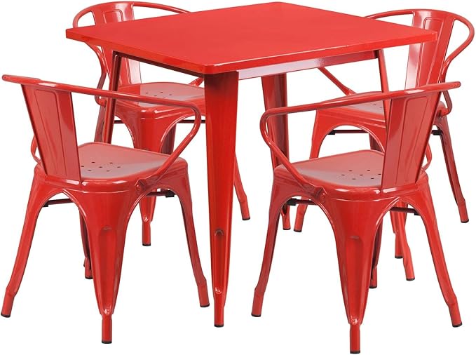 Flash Furniture Commercial Grade 31.5" Square Red Metal Indoor-Outdoor Table Set with 4 Arm Chairs - LeafyLoom