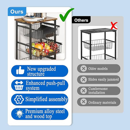 Fruit Basket, 5-Tier Utility Kitchen Organizer and Storage Cart with Pull-Out Baskets and Wood Top, Rolling Pantry Kitchen Cart on Wheels for Fruit Potato Onion Vegetable Snack Produce - LeafyLoom