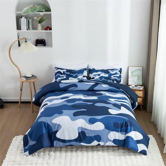 Meeting Story Camouflage Bedding Set, Colorful Pattern Style Comforter Set, 3 PCS One Comforter Two Pillowcases Two Sheets in One Bag, All Season Bedspread for Teens Adults (Navy, Queen - LeafyLoom