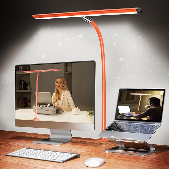 LED Desk Lamp for Office Home, Eye-Caring Desk Light with Stepless Dimming Adjustable Flexible Gooseneck, 10W USB Adapter Desk Lamp with Clamp for Reading, Study, Workbench (Red) - LeafyLoom