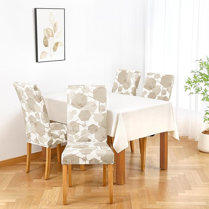 Gibelle Dining Room Chair Covers Set of 4, Soft Stretch Kitchen Chair Covers Slipcover Protector, Removable Washable Geometric Parson Chair Covers 4 Pack, Beige Gibelle