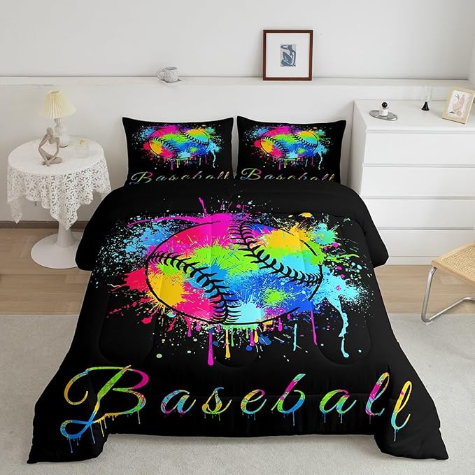 Feelyou Kids Baseball Comforter Set King Size Sports Game Bedding Set for Boys Girls Teens Bedroom Decor Baseball Gaming Comforter Women Men Tie Dye Duvet Set with 2 Pillow Case - LeafyLoom