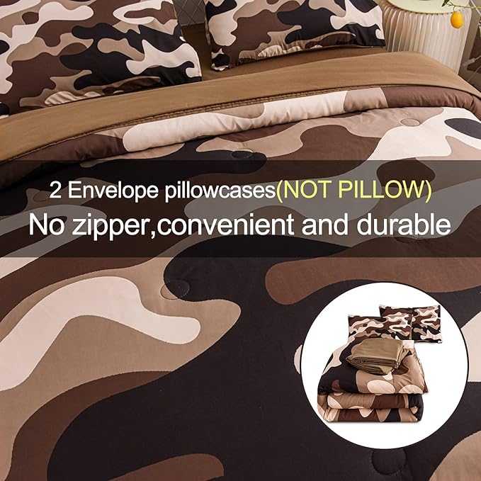 Meeting Story Camouflage Bedding Set, Colorful Pattern Style Comforter Set, 5 PCS One Comforter Two Pillowcases Two Sheets in One Bag, All Season Bedspread for Teens Adults (Coffee, Twin 5Pcs) - LeafyLoom