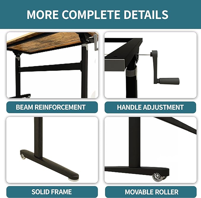 Manual Standing Desk Adjustable Height- Crank Mobile Standing Desk 55 x 24 Inches Sit Stand Desk Frame & Top, Stand Up Desk on Wheels, Computer Desk Black Frame & Rustic Brown - LeafyLoom