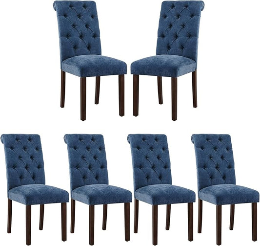 COLAMY Button Tufted Dining Chairs Set of 6, Parsons Upholstered Fabric Dining Room Chairs Kitchen Chairs with Wood Legs and Padded Seat, Blue - LeafyLoom