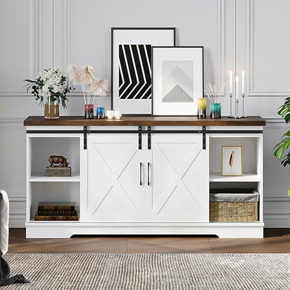 IDEALHOUSE Farmhouse TV Stand, Entertainment Center for 65 Inch TV Media Console Cabinet, White Barn Doors TV Stand with Storage and Shelves, Modern TV Console Table Furniture for Livingroom - LeafyLoom