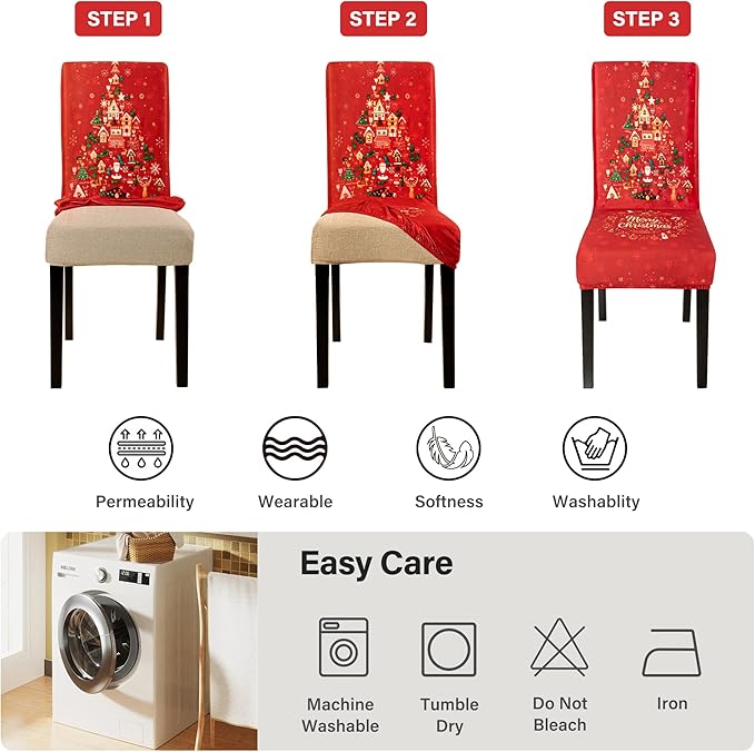 6PCS Christmas Dining Chair Covers, Stretch Removable Washable Dining Room Chair Protector Slipcovers, Xmas Tree Heart Kitchen Chair Cover, Slipcover Protector for Xmas Holiday Party Home Décor CZL