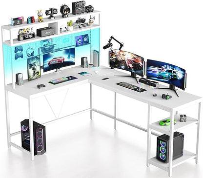 L Shaped Desk with Hutch - 67" L Shaped Gaming Desk with LED Lights, Corner Computer Desk with Storage Shelves, L Shaped Office Desk with Pegboard, White - LeafyLoom