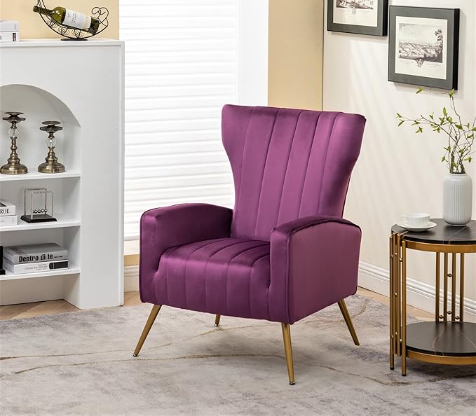 Armchair Modern Velvet Accent Chair, Channel Tufted Bedroom, Office or Living Room Furniture with Elegant Metal Legs, Purple - LeafyLoom