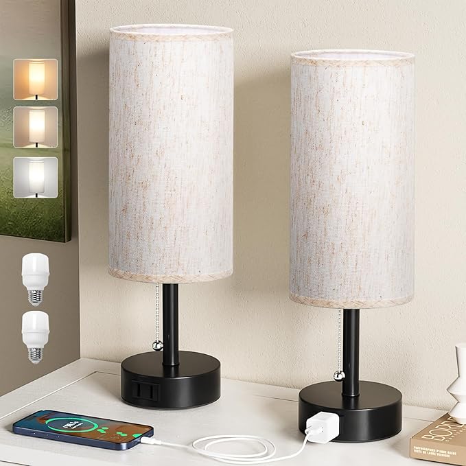 Bedside Table Lamps Set of 2 - 3 Color Temperatures Pull Chain Lamp with AC Outlet Charging Port, Two Round Night Stand Lamps for Bedroom Guest Room Office, Small Bed Side Light with E26 LED Bulbs - LeafyLoom