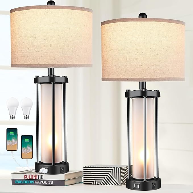 Table Lamps for Living Room Set of 2,26" Tall Bedside Farmhouse Table Lamps with LED Lantern Nightlight,Bedroom Nightstand Lamps with Dual USB Port Beige Fabric Shade (Bulbs Included) - LeafyLoom