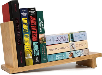 S&A WOODCRAFT Desktop Wood Bookshelf with Wooden Bookend, Bamboo Desk Organizer Shelf and Display Rack with Book Ends, Storage Shelf Bookcase for Office, Home Decor, Kitchen Countertop - LeafyLoom