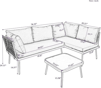 3-Piece Outdoor Patio Furniture PE Rattan Sofa Set, All Weather L-Shaped Sectional Couch with Removable Cushions and Glass Table, for Backyard Poolside Garden, Metal Frame, Onesize, Gray - LeafyLoom