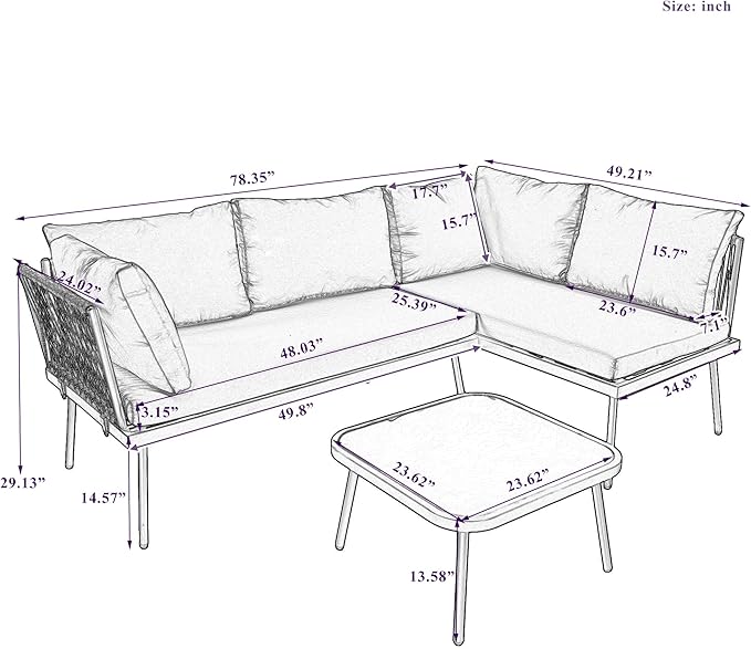 3-Piece Outdoor Patio Furniture PE Rattan Sofa Set, All Weather L-Shaped Sectional Couch with Removable Cushions and Glass Table, for Backyard Poolside Garden, Metal Frame, Onesize, Beige - LeafyLoom