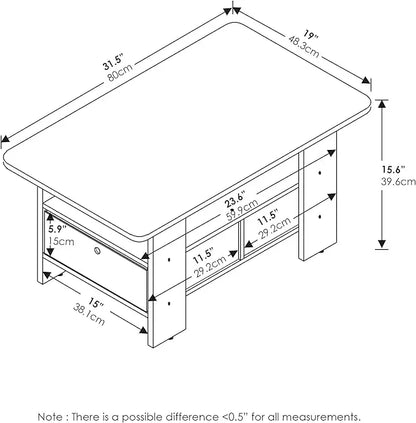 Furinno Andrey Coffee Table with Bin Drawer, Amber Pine/Black Small Non-Lift Top - LeafyLoom