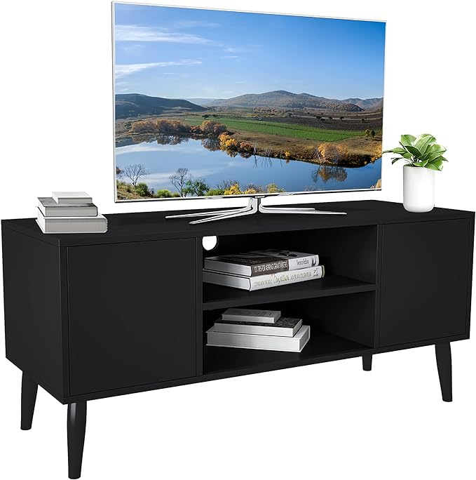 Yusong Retro TV Stand for 55 Inch TV, Entertainment Centers for Living Room Bedroom, Wood TV Bench Table TV Console TV Cabinet with 2 Storage Cabinets and Open Shelves, Black - LeafyLoom