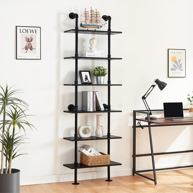 HOMBAZAAR Industrial Bookshelf, 6-Tier Industrial Pipe Bookshelf, Wall Mounted Ladder Shelf with Metal Frame for Home Office, Living Room, Black - LeafyLoom