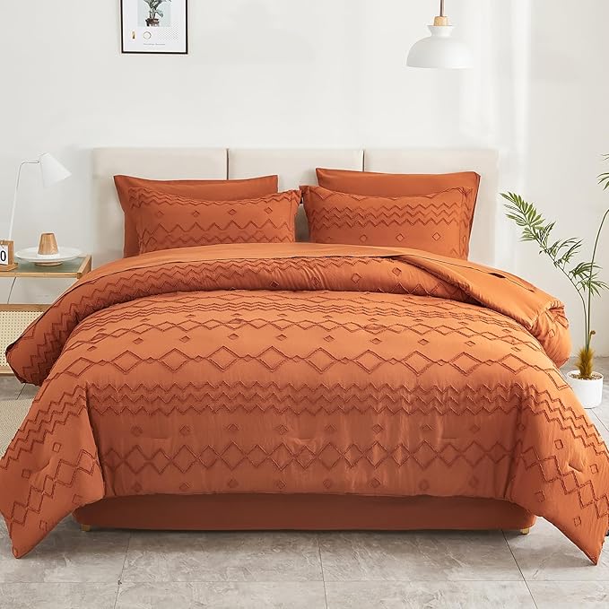 EMME King Comforter Set - 7 Pcs Pumpkin Boho Bedding Sets, King Size Tufted Comforter Set with Sheets, Shabby Chic Embroidery Bed Set Fluffy Bed Bag for All Season(102"X90") - LeafyLoom