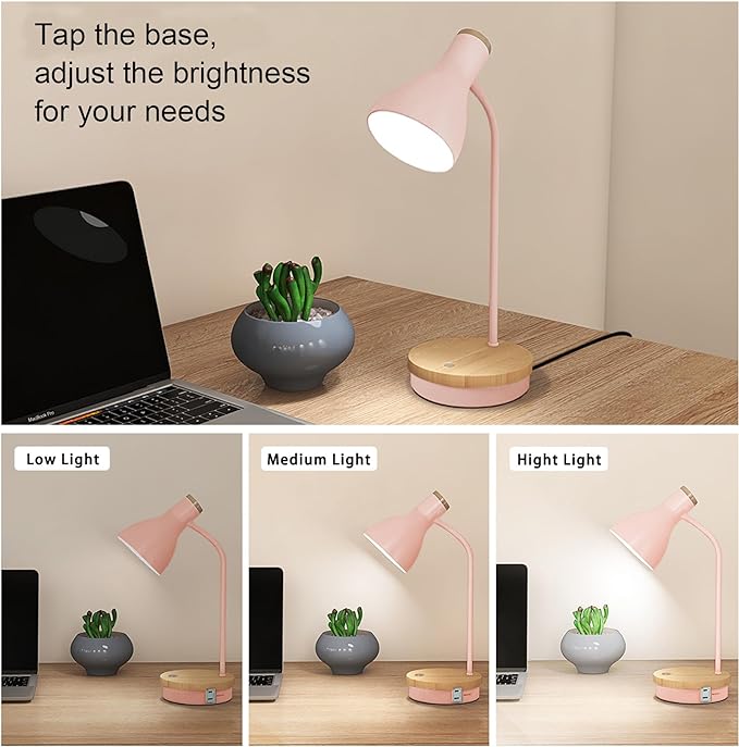 Metal Desk Lamp Touch Reading Lights Table Lamp Arc Desk Lamps for Bedroom, 3 Way Dimmable Bedside Lamp with USB Charging Ports, Reading Lamp for Study Room and Office (Pink-02) - LeafyLoom